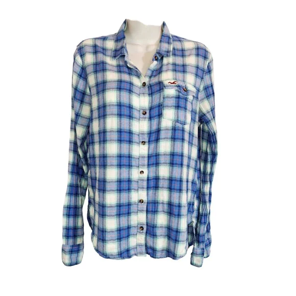 Hollister women's Blue White Plaid Button Down Shirt M y2k grunge farmer cowgirl - Picture 1 of 5